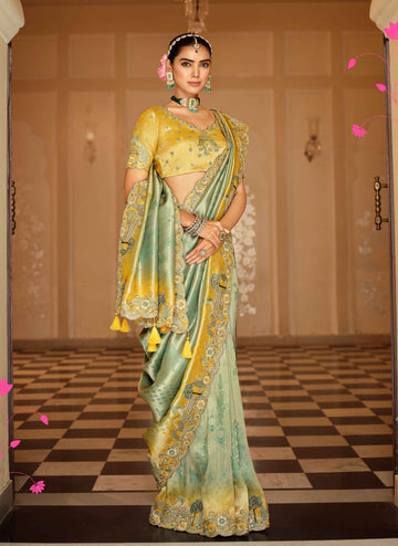 Pastel Green & Mustard Yellow Ziraf Silk Traditional Saree with Embroidery & Handwork - 7801